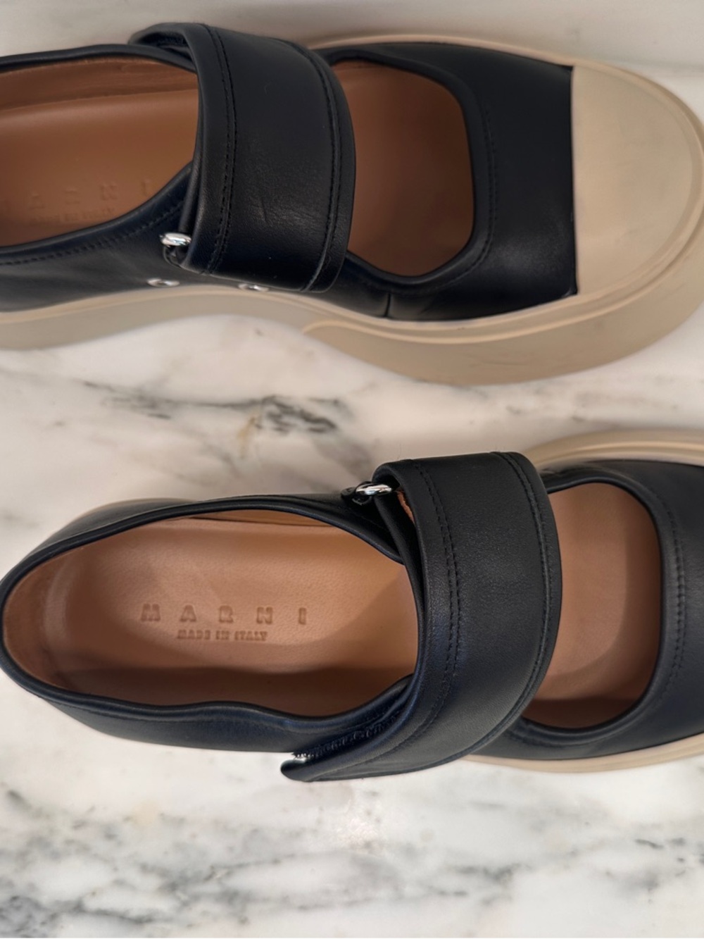 MARNI women’s Black Leather Mary Jane Sneaker with White Platform Sole. - Picture 9 of 11